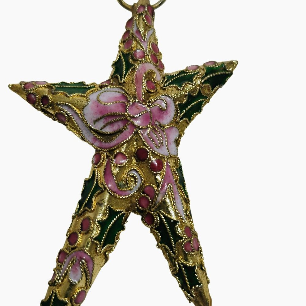 Vintage Cloisonné Star Ornament With Pink Floral Design & Gold Accents 4.5" - Picture 2 of 5
